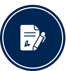 Blue circular icon with paper and pen